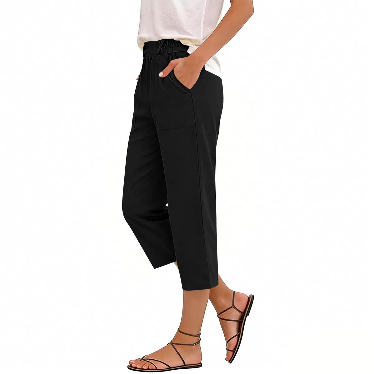 RLEHJN Leinenhose Damen 3/4,Elastische High Waist Sommerhose Damen Leicht und Luftig Stoffhose mit Taschen Causal Locker Jogginghose Lose Yoga Sweathose Gerades Bein Strandhose Freizeithose