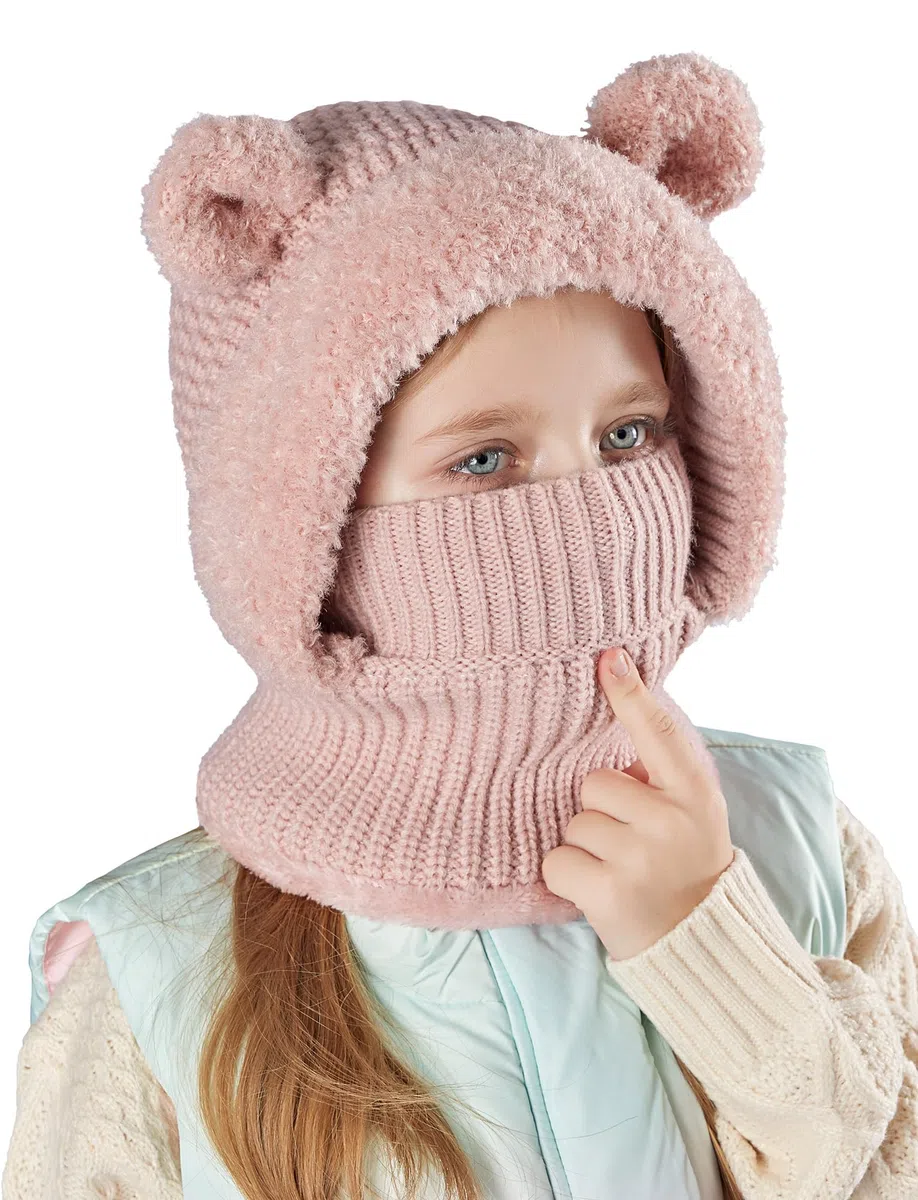 SEAUR Schlupfmütze Mädchen 4-10 Jahre Gefüttert Strickmütze Kinder Schalmütze Sturmhaube Wintermütze Niedlicher Bärchen Balaclava