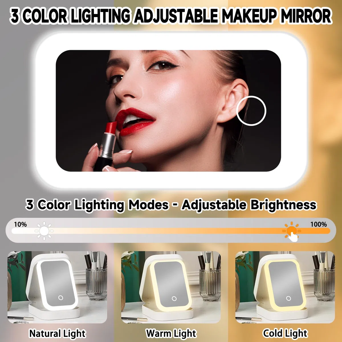 Kosmetiktasche mit Beleuchtetem Spiegel, 3 Farben LED Make Up Tasche, Schminktasche mit Spiegel und Licht, Travel Makeup Bag, Reise Kosmetikkoffer,Tragbare Schminktasche Geschenk für Frauen(Weiß)