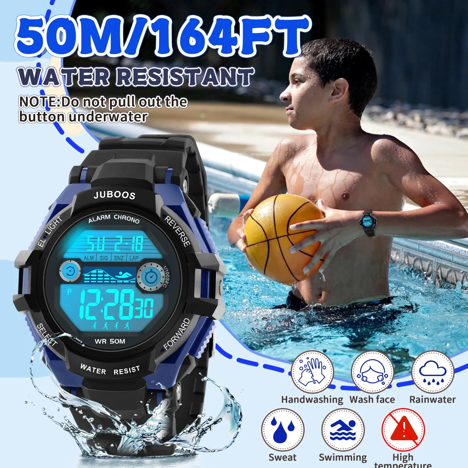 Juboos Kinder Digitaluhren Jungen Mädchen,7 Farben LED-Licht,30M Wasserdicht, mit Alarm,Stoppuhr Outdoor Armbanduhr für Kinder 5-16 Jahre