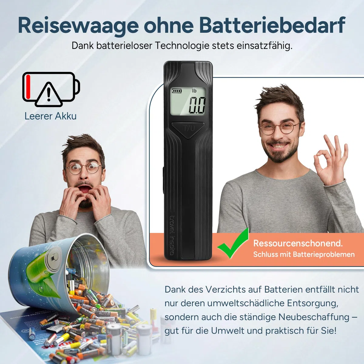 travel inspira Kofferwaage ohne Batterie – Digitale Kofferwaage mit Haken bis 50 kg, Handkurbel-Reisewaage, LCD-Display, Tara & Hold-Funktion (Schwarz)