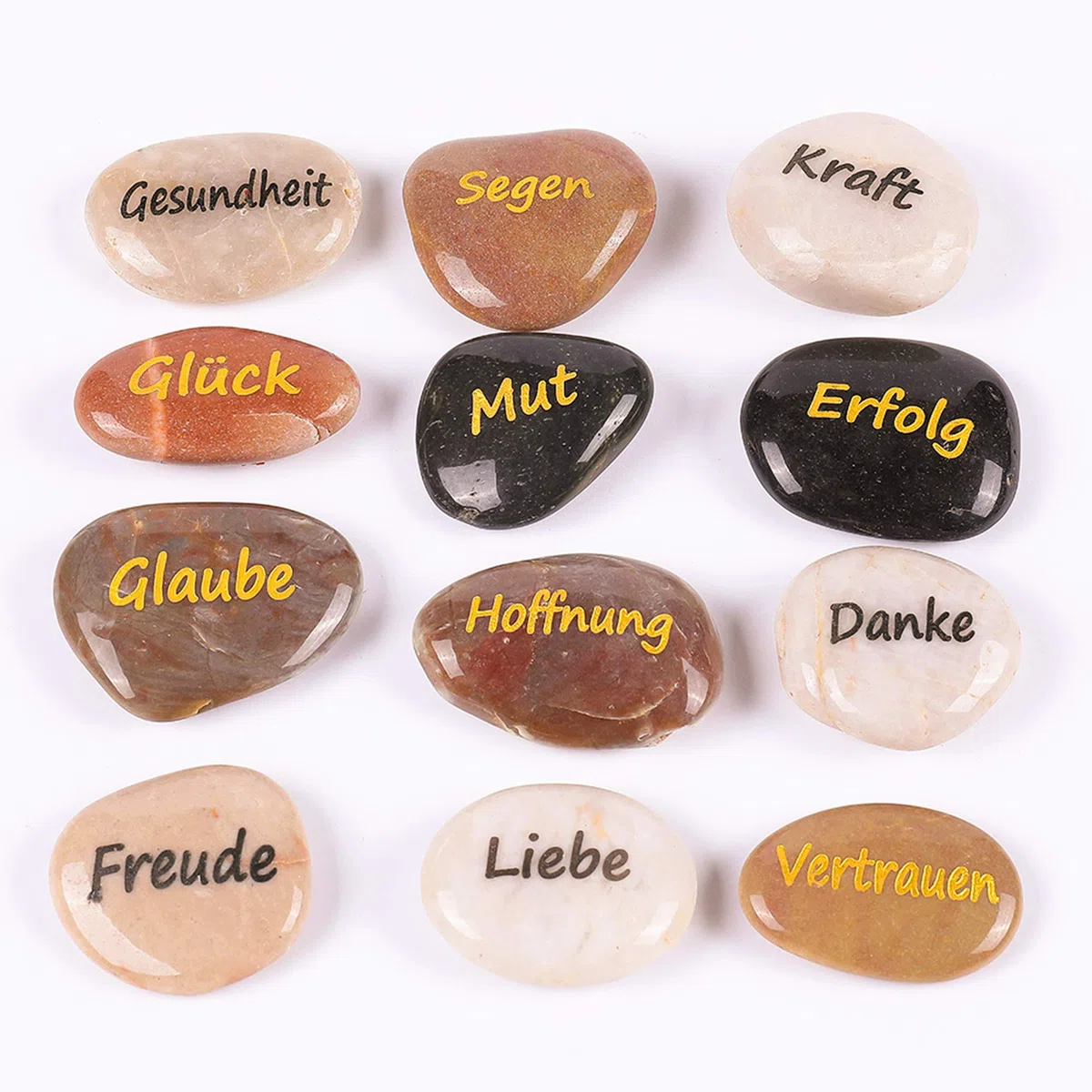 12 Stück RockImpact Steine mit Spruch Glück Gravierte Steine Gravur Inspirierende Steine Glücksbringer Ermutigung Dankbarkeit Geschenk Glückssteine (Großhandel, 12 Verschiedene Sprüche, je 5-8 cm)