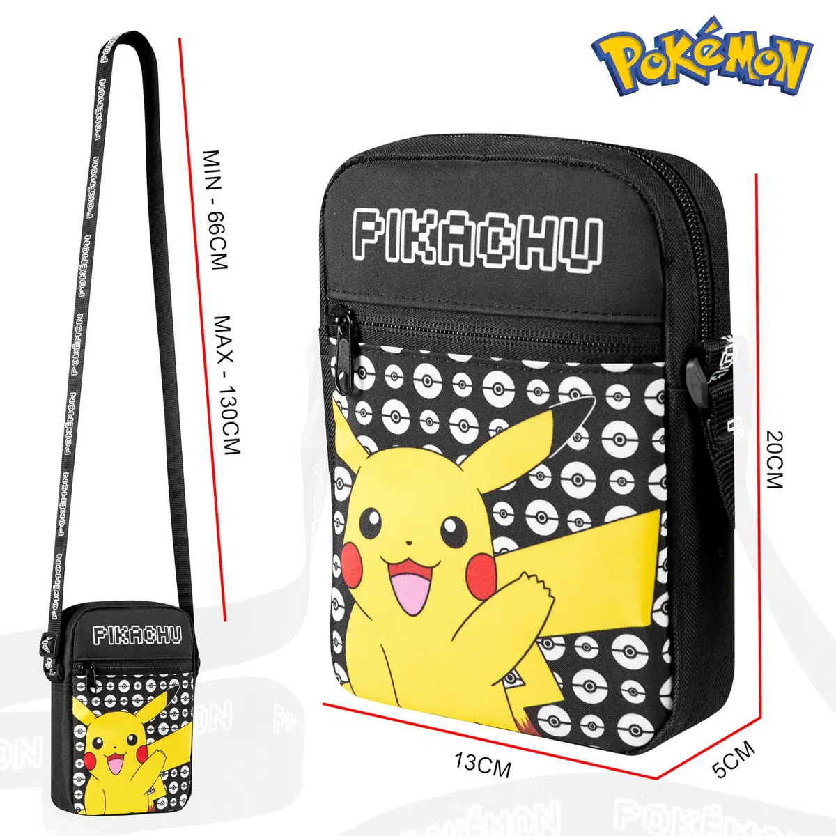 Pokemon Kinder Umhängetasche, Pikachu Reisetasche mit Verstellbarer Schultergurt, Großes Hauptfach mit Reißverschluss Kinder Geschenke