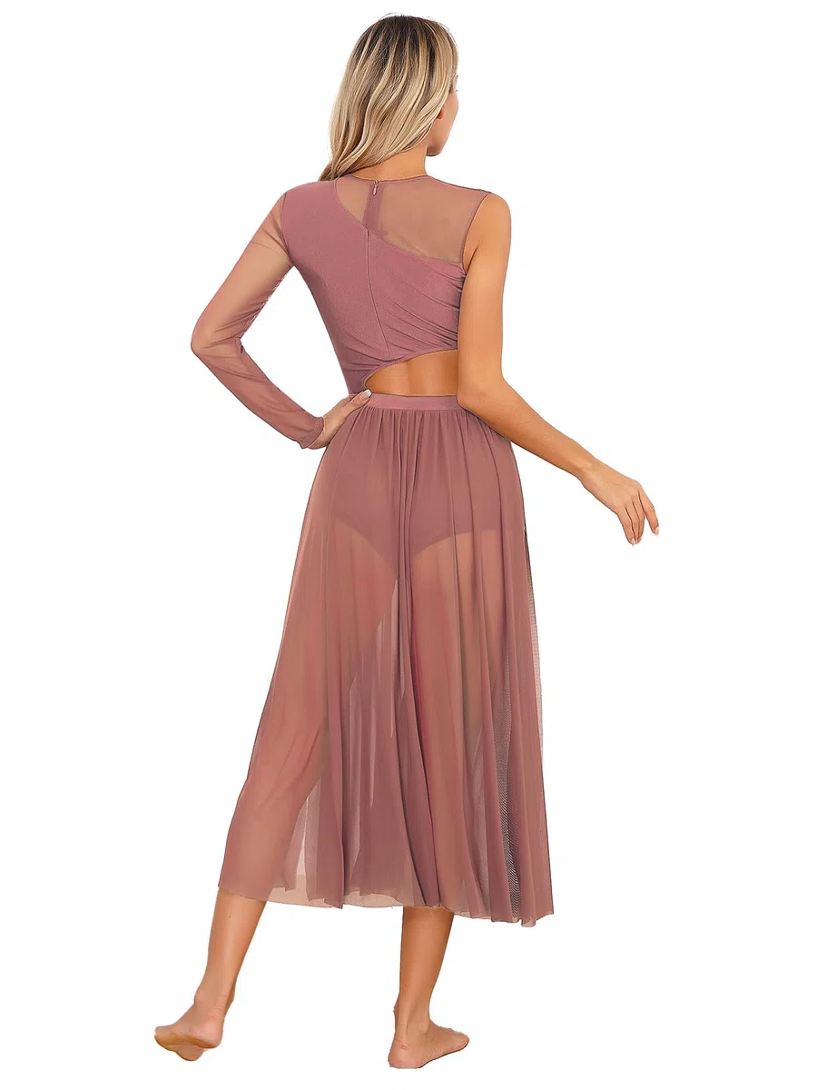 Damen Lyrisches Ballett Tanzkleid Ausschnitt Patchwork Dame Kleid Seite Split Sheer Mesh Kleider Tanzkleidung