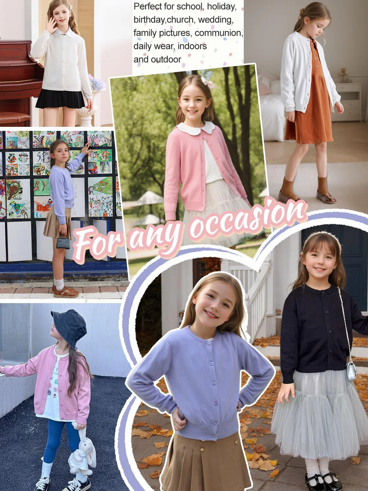 Soudittur Strickjacke Mädchen Basic Kinder Cardigan Lange Ärmel Baumwollstrickpullover Schuluniform mit Knöpfen 110-160