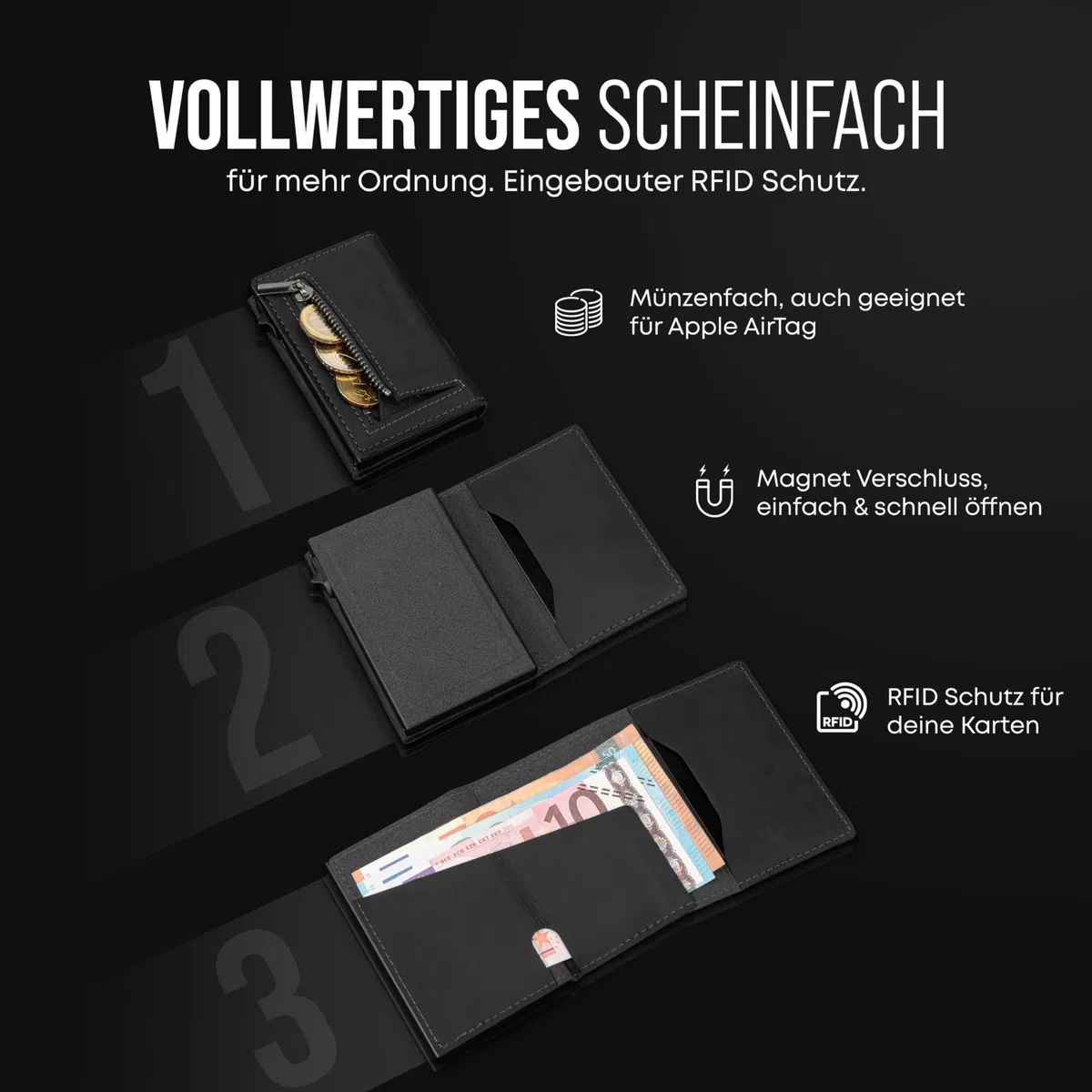 Card Nine! Magnet Kartenetui - Premium Slim Wallet - Geldbörse mit RFID-Schutz - Portemonnaie für Damen & Herren - Geldbeutel mit Magnetverschluss (Crazy-Horse-Leder Schwarz, Mit Münzfach)