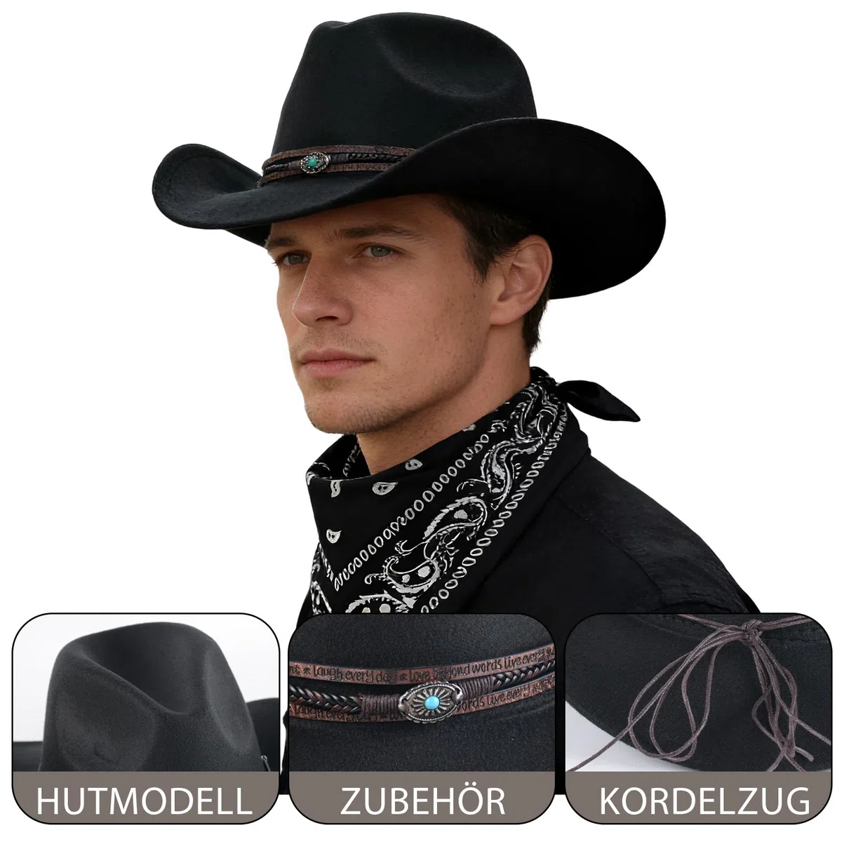 Zweiteiliges Set aus Cowboyhut und Kopftuch für Damen und Herren, Vintage-Cowboy-Accessoires, Outdoor-Hut mit breiter Krempe, ideal für Partys. Das Set enthält einen Vintage-Cowboyhut und ein Kopftuch