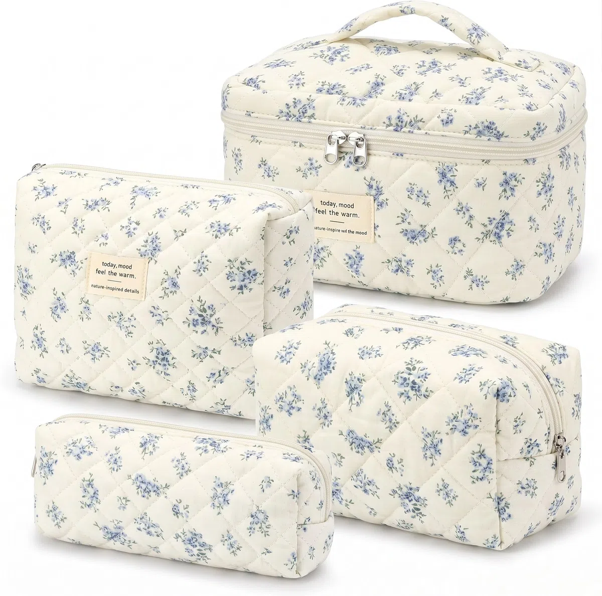 4er Set Kosmetiktasche Blumen MäDchen,Kulturtasche Damen,Gesteppte Make Up Tasche,Baumwolle Kulturbeutel Set,Coquette Make Up Bag Aesthetic Stuff Clean Girl,Cosmetic Bag