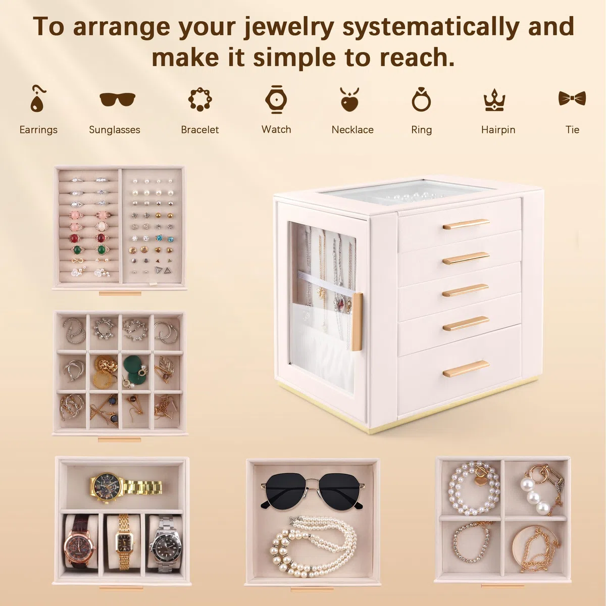 Homeanda Großes Schmuckkästchen 5 Lagen PU Leder Aufbewahrungsbox für Ringe Ohrringe Halsketten Armbänder Uhren Haarschmuck Beige