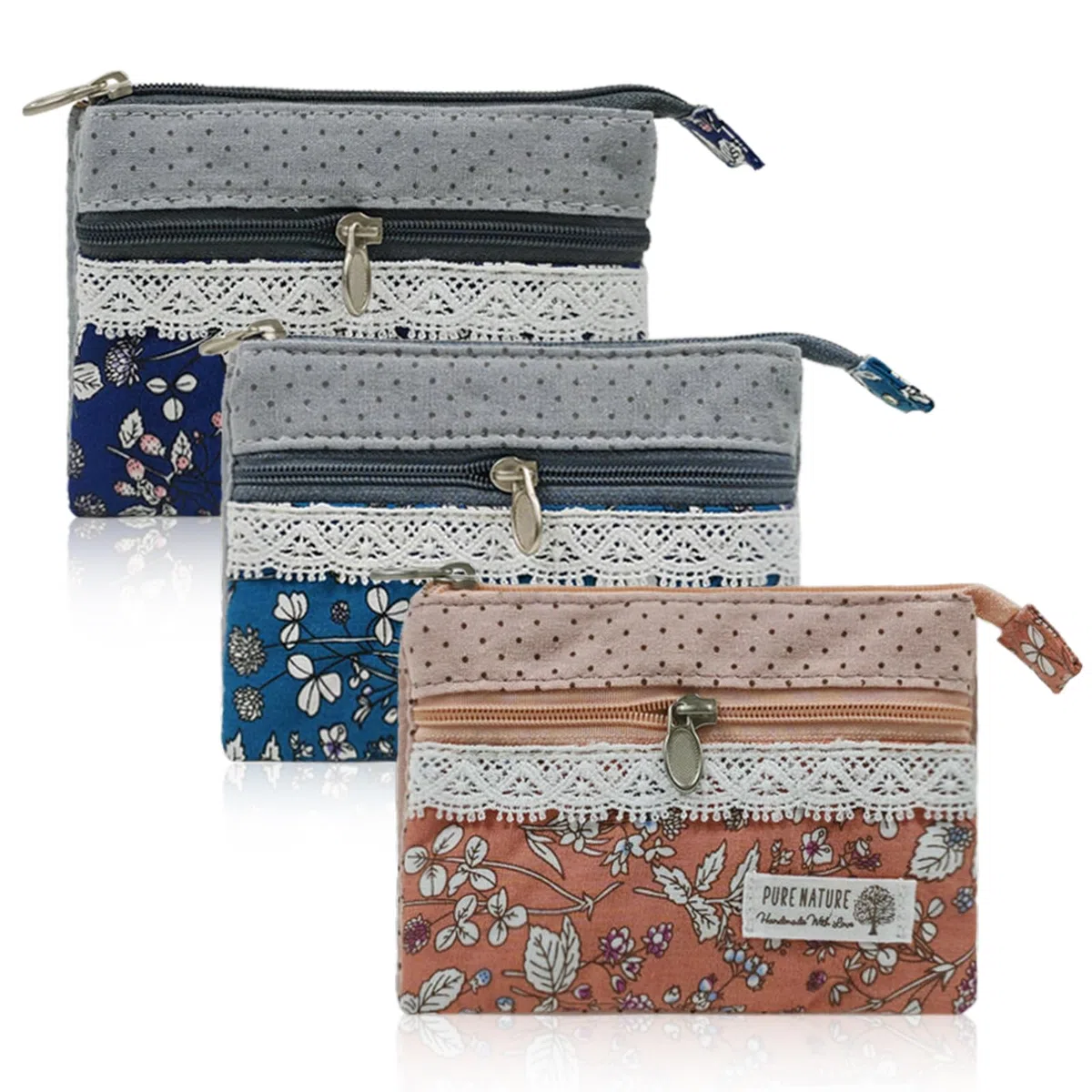 3 Stück Mini Geldbörse Damen, Blumenmuster Münzbeutel aus Polyester, kleine Geldbörse für Münzen Karten Schlüssel, praktisches Münztäschchen Schlüsseletui, Landhausstil 12x9 cm