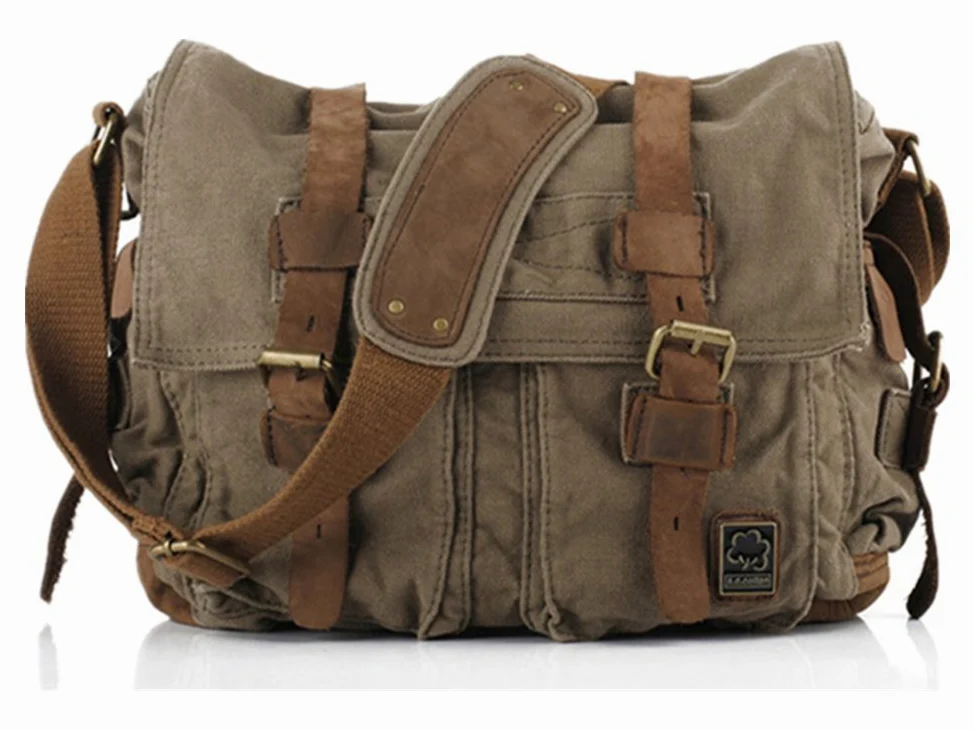 Sechunk Vintage Militär Leder Umhängetasche Canvas Laptop Tasche Retro Messenger
