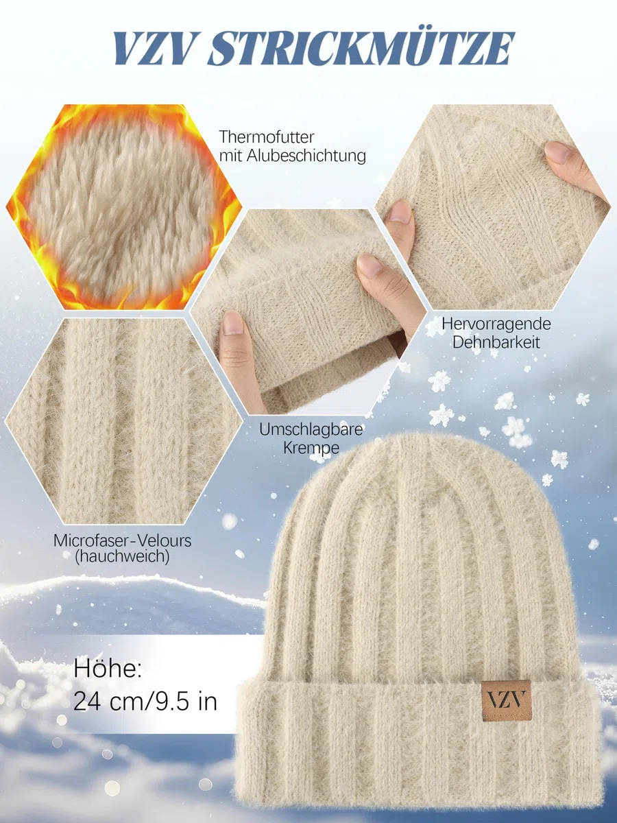 VZV Wintermütze, Schal, Handschuhe-Set: Warme Kashmir-Strickmütze, Damen Langer Schal, Touchscreen-Winterhandschuhe, Geschenke für Frauen