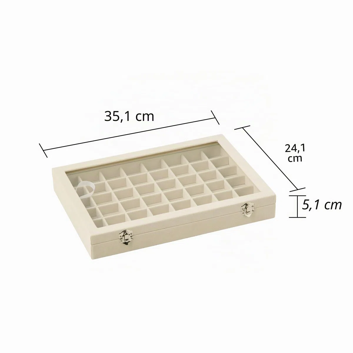 Frebeauty Schmucktablett mit 48 Fächern, verstellbarer Ohrringhalter mit Glasdeckel, Samt-Schublade, Schmuck-Organizer für Ringe, Nieten, 35,8 x 24,1 x 5,1 cm, Schmuckbox, Geschenk für Frauen (Beige)