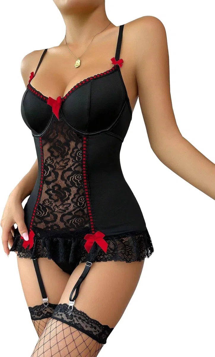 Damen Dessous Sets Sexy Floraler Spitze Bodysuit mit Strumpfgürtel V-Ausschnitt Schleife Vorne Babydoll Underwire mit Strümpfen 2 Teiliges
