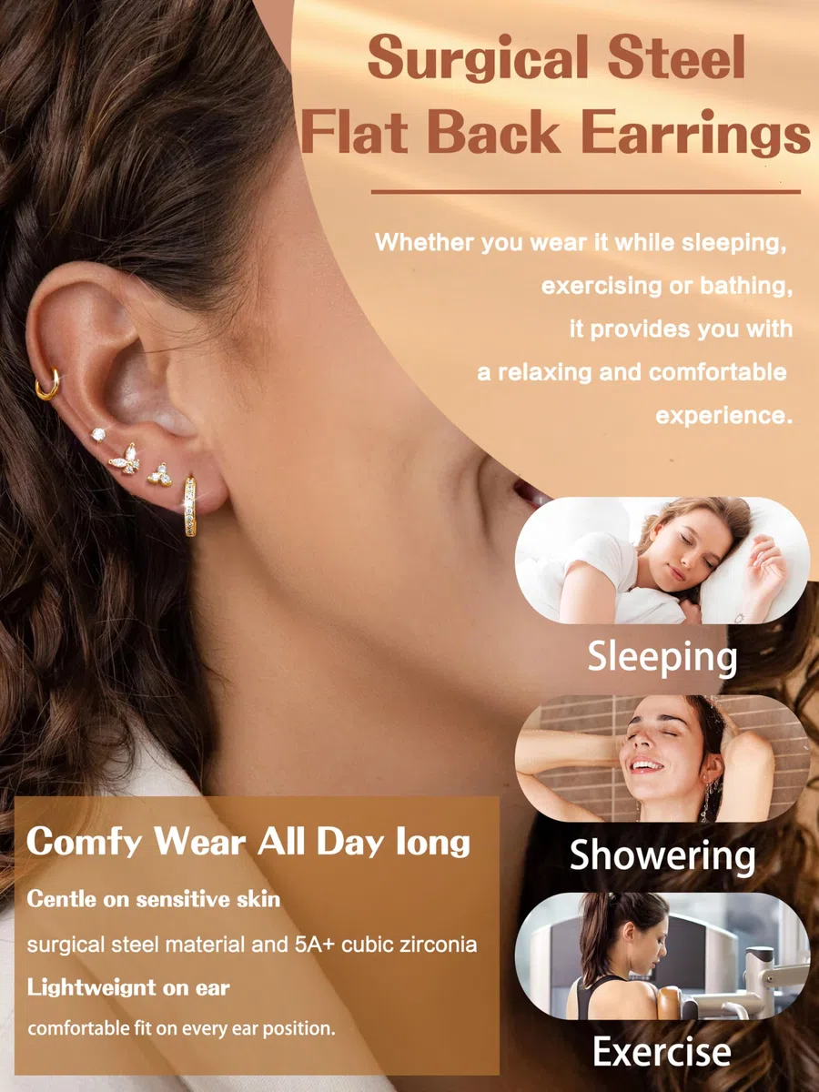 CASSIECA 12 Paar Ohrringe Gold Silber Set, 316L Chirurgenstahl Ohrringe für Damen Herren Medizinische Ohrstecker und Creolen für Mehrfachpiercing 14K Vergoldet Helix Tragus Piercing Ohr Gold Silber