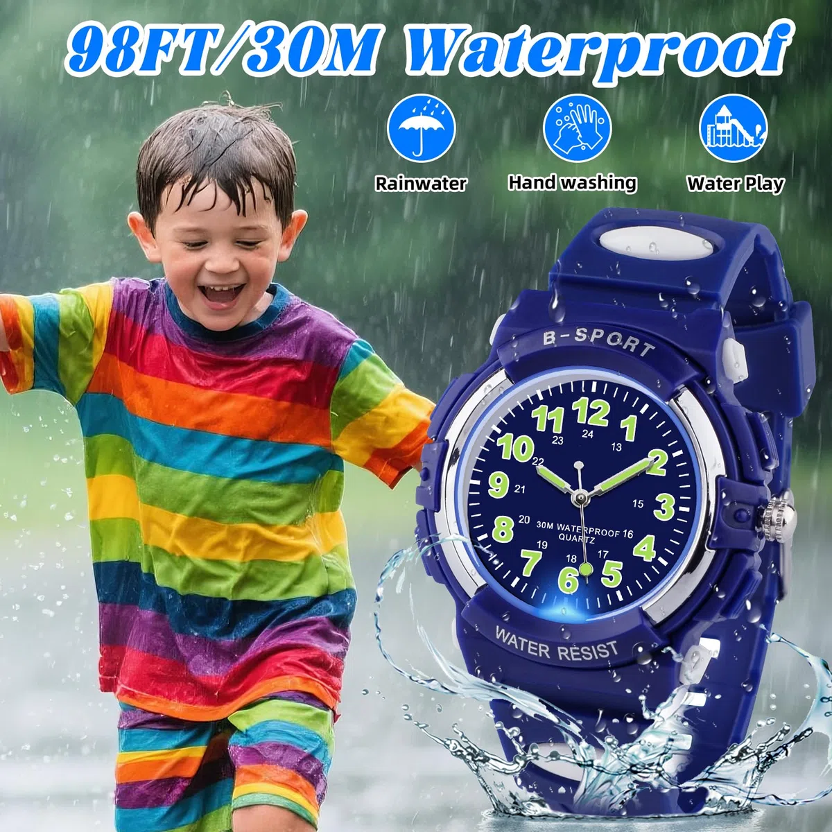 Analoge Kinderuhr mit Bunten Lichtern für Jungen und Mädchen, 30M wasserdichte Lernuhr TPU Armband Outdoor Sportuhr für 5-16 Jahre