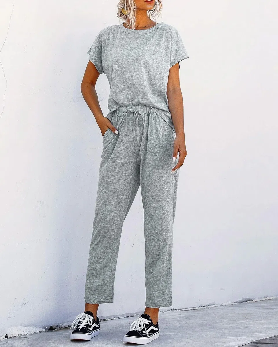 Cicy Bell Damen Zweiteiler Set Kurzarm Rundhals Jogginganzug Streetwear Trainingsanzug mit Kordelzug und Tasche