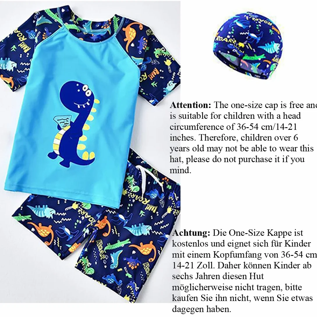 Jungen-Badeanzug, Zweiteiliger Badeanzug für Kinder, Rashguard, T-Shirt, Badeshort-Set, Dinosaurier-Bademode