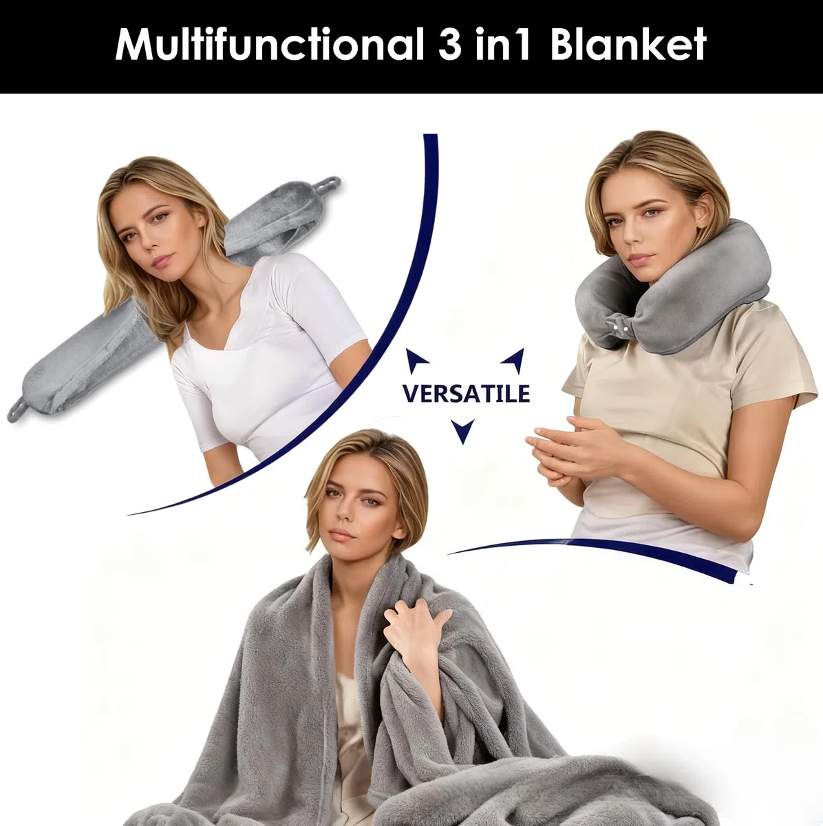 Reisedecke Ultraleicht Warm, Reise Flugzeug Auto Gadgets, Nackenkissen Nackenrolle Dünne Decke Faltbar 3-In-1-Set Fleece, für Reisen, Camping, Büros Zuhause