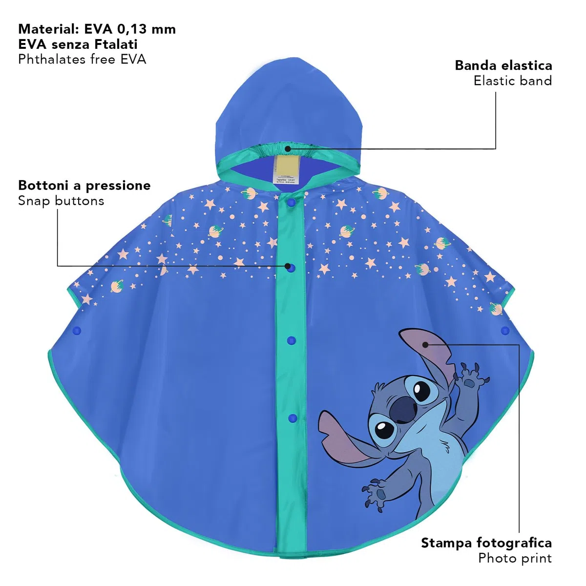 PERLETTI Stitch Kinder Regenponcho Wasserdicht Blau mit Sterren - Außerirdische Regen Cape Kleine Mädchen Jungen Kindergarten - Regenjacke 3 4 5 6 Jahre mit Kapuze und Knöpfe - Regenmantel Unisex