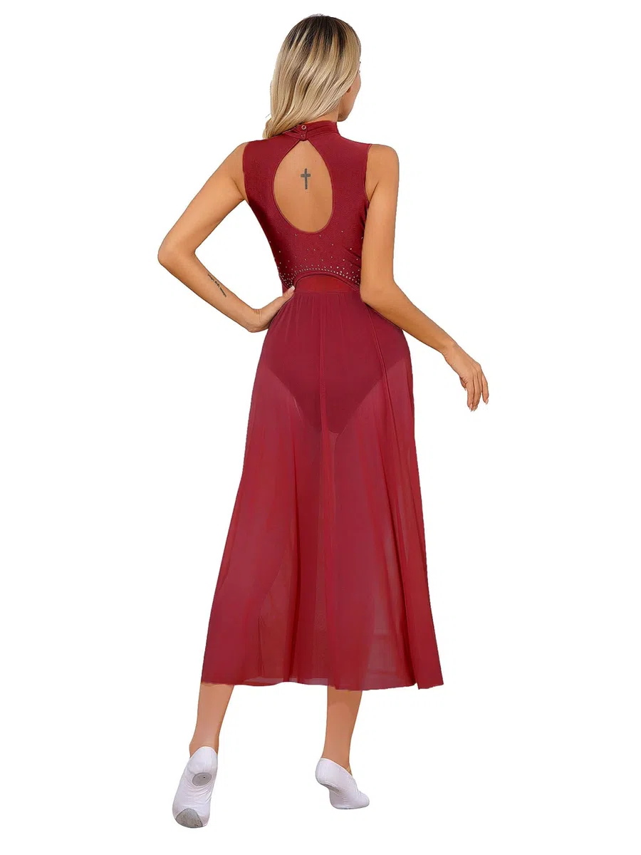 iEFiEL Damen Tanzkleid mit Strass Mesh Ballettkleid Ballett Trikotanzug Jumpsuit Tanzbody Overall Gymnastik Wettbewerb Tanzkostüm