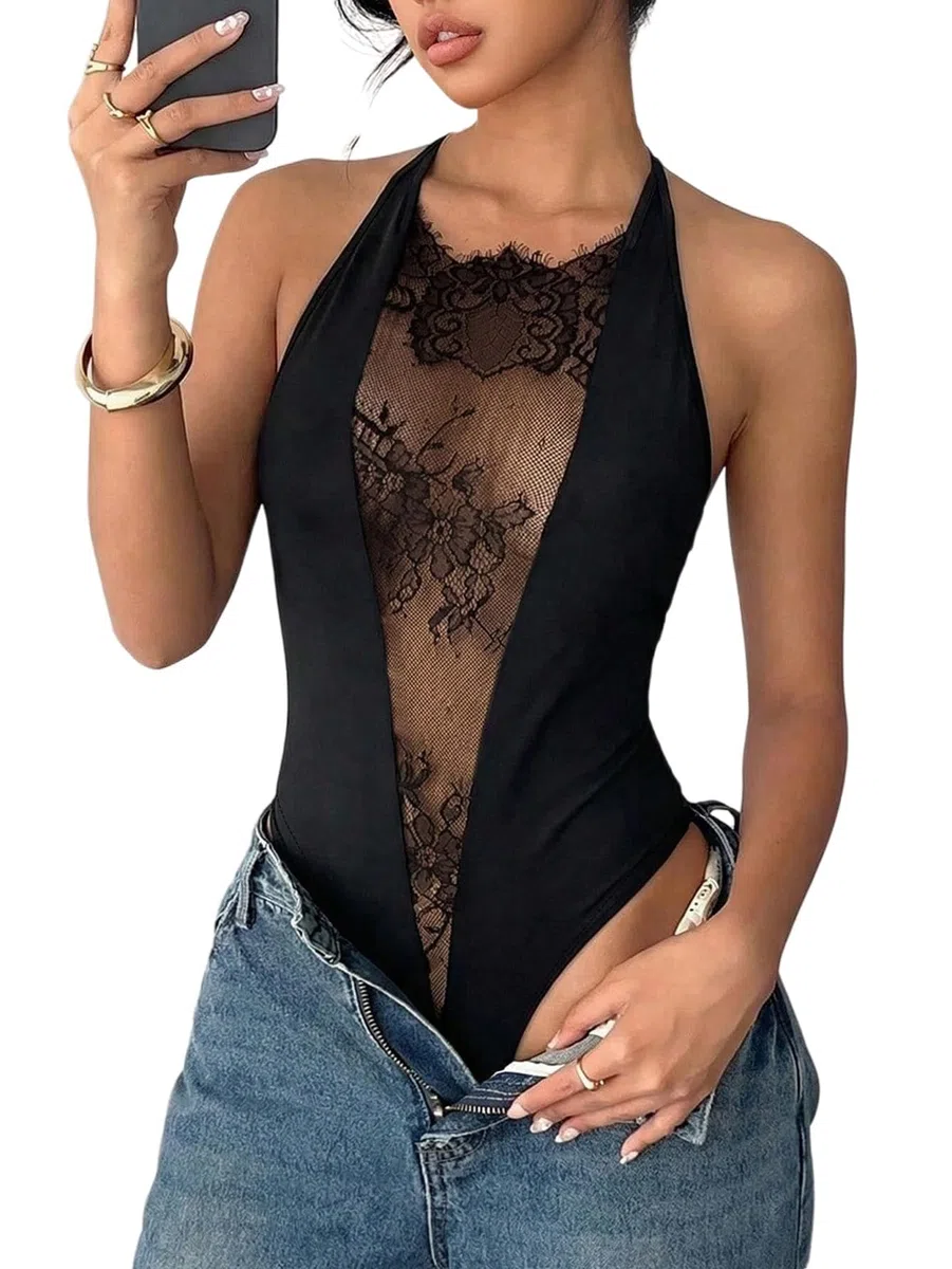 GORGLITTER Damen Y2k Body Spaghettiträger Bodysuit Ärmellos Sommrbody mit Durchsichtige Spitze Spitzenbody Partybody Rave Outfits