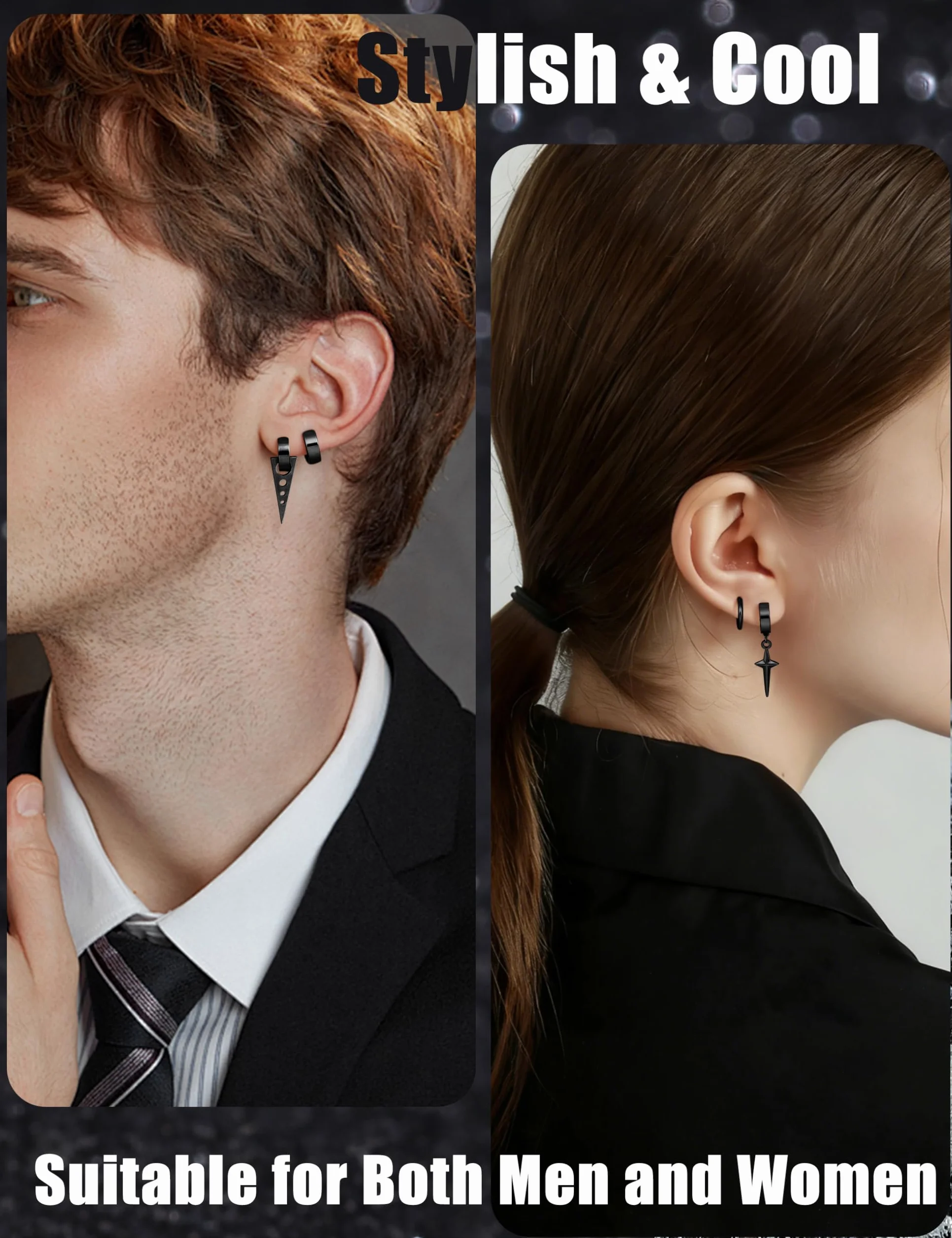 Diamday 25 Stück Ohrclips für Herren - Edelstahl Kreuz Kette Baumeln Ohrringe Schwarz Huggie Non Pierced Punk Gothic Kpop Set Fake Creolen