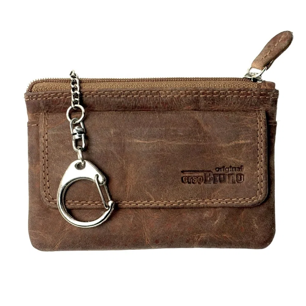 Schlüsseltasche Leder braun Schlüsseletui Leder Schlüsselmäppchen Büffel braun für Damen und Herren + Karabiner und 2 Schlüsselringe + Münzfach