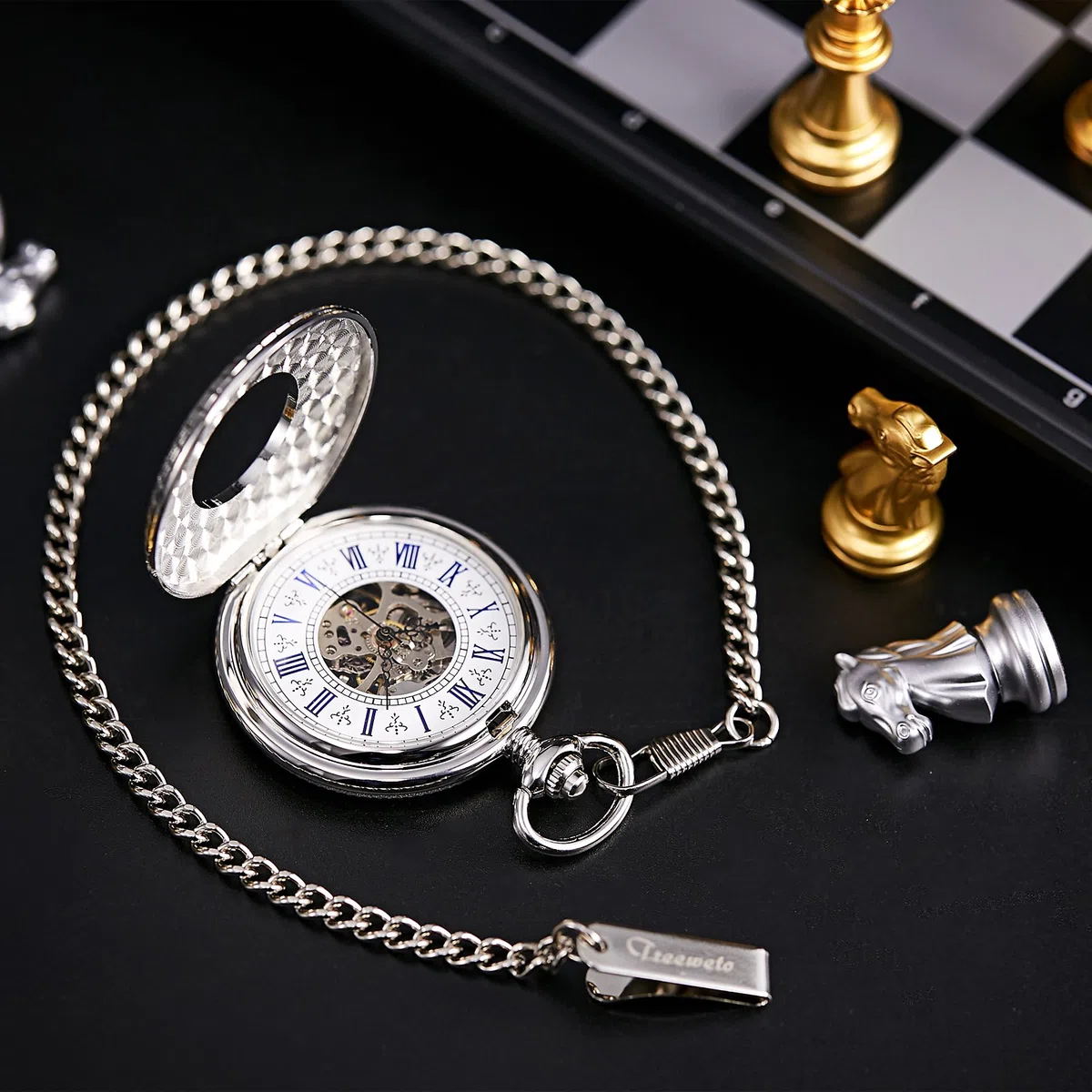 TREEWETO Taschenuhr mit Kette Herren Analog Handaufzug Antik Skelett Lupe Silber
