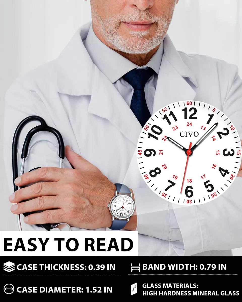 CIVO Damenuhr Krankenschwester Analog Wasserdicht: Leicht Lesbare 12/24 Stunden mit Sekundenzeiger - Geschenke Schwesternuhr für Damen Herren Studenten Silikonband
