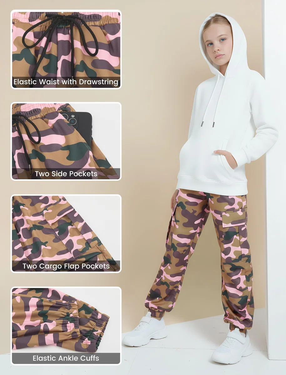 JiAmy Mädchen Cargo Hose, Elastische Taille Baggy Fallschirm Hose Multi Taschen Tanz Jogger Y2k Kinder Hosen für 5-14 Jahre