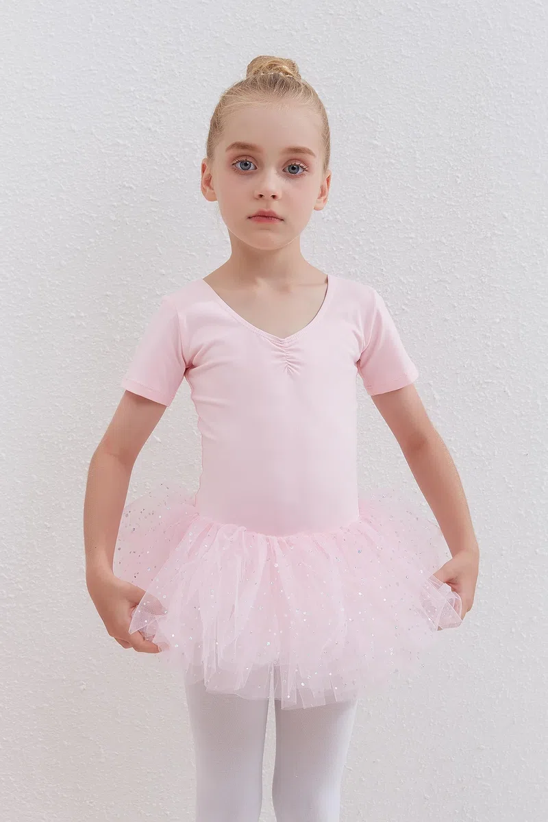 Kinder Ballettkleidung Ballettkleid Mädchen Glitzernder Balletttrikot Baumwolle Ballettanzug Tanzkleid Tanzbody mit Glänzendem Rock Tütü