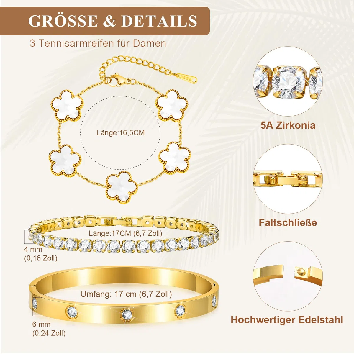 3 Stück Kleeblatt Armband Damen Gold, 18K Stapelbare Fünfblättriger Kleeblattschmuck Set, Halskette Tennis Armbänder, Edelstahl Armreif Zirkonia, Glückssymbolgeschenke Den Alltag Geburtstage Jahrestag