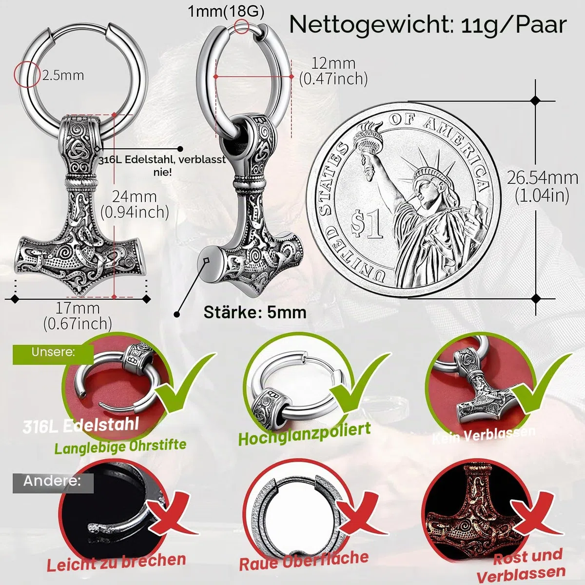 FaithHeart Wikinger Ohrring für Herren, Viking Stil Mjölnir Ohrhänger für Damen, Wikinger Axt Ohrschmuck, Hängende Pfeil Ohrstecker mit Geschenkebox für Ihnen und Geliebte