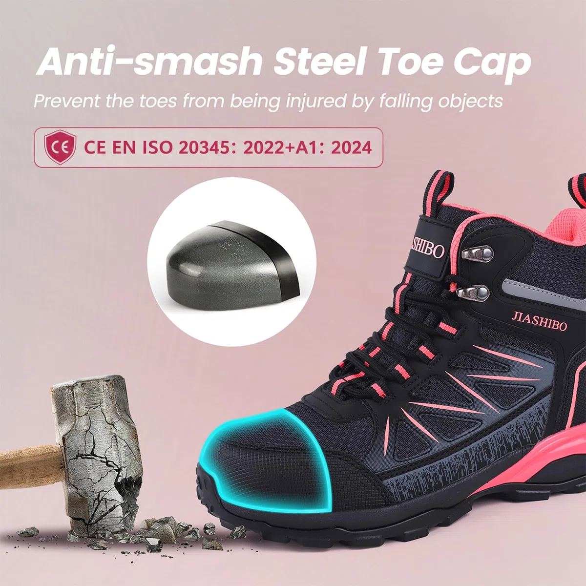 Damen-Sicherheitsschuhe mit Stahlkappe, Durchtrittschutz | EN ISO 20345-konform; wasserdicht, rutschfest, atmungsaktiv, stilvolles Schwarz-Rosa-Design für Industrie und Handwerk