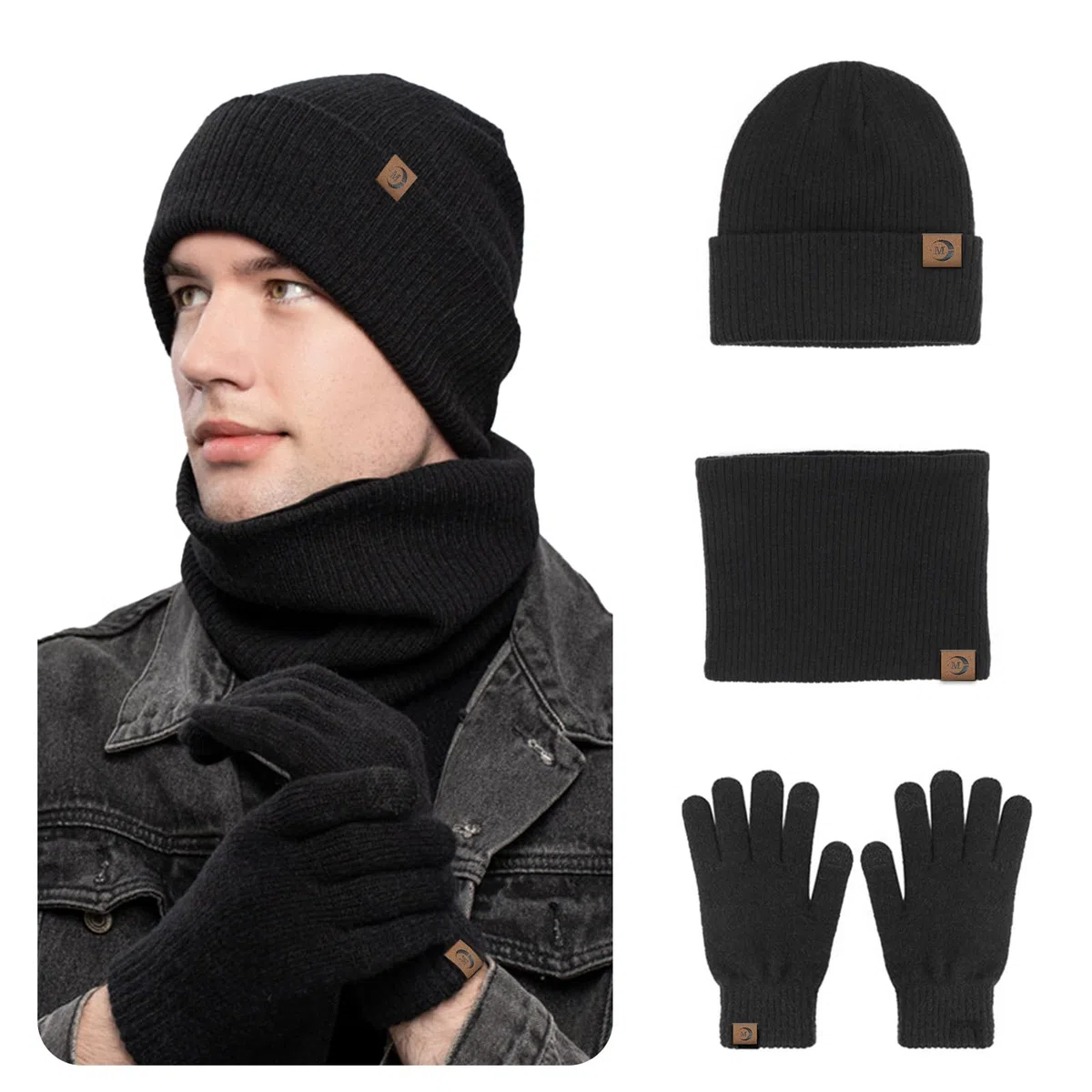 MARUKO Mütze Schal Handschuhe Set Herren Winter Warm Beanie Mütze Schal und Touchscreen Handschuhe Set mit Fleece Gefüttert Strickmütze Winterhandschuhe Schlauchschal Set (Schwarz)