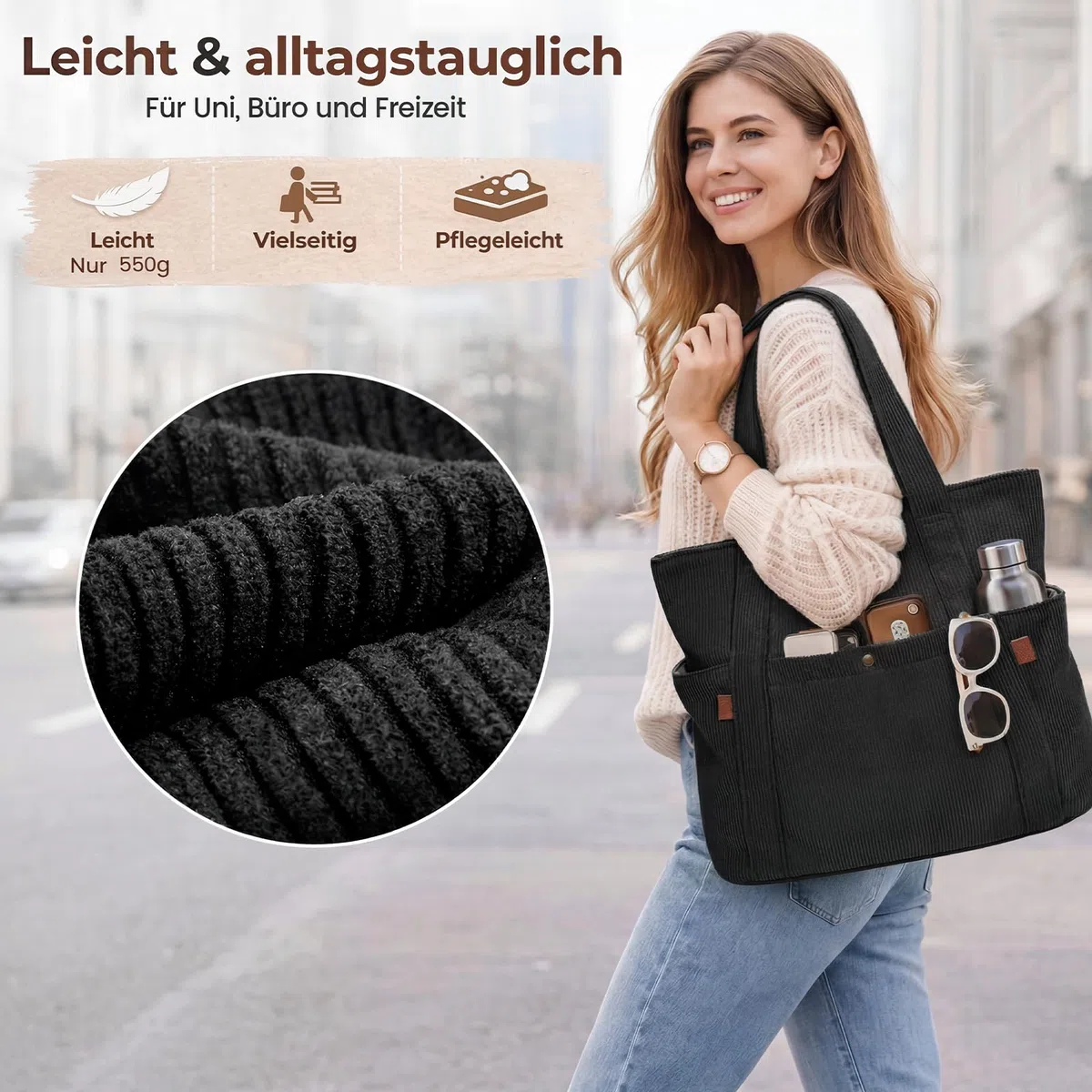 Captain Blues Cord Tasche Damen, Große Tote Bag mit Laptopfach, Shopper Tasche Damen mit Reißverschluss und weichem Baumwollfutter, Strandtasche, Arbeitstasche für Uni, Schule, Lehrer