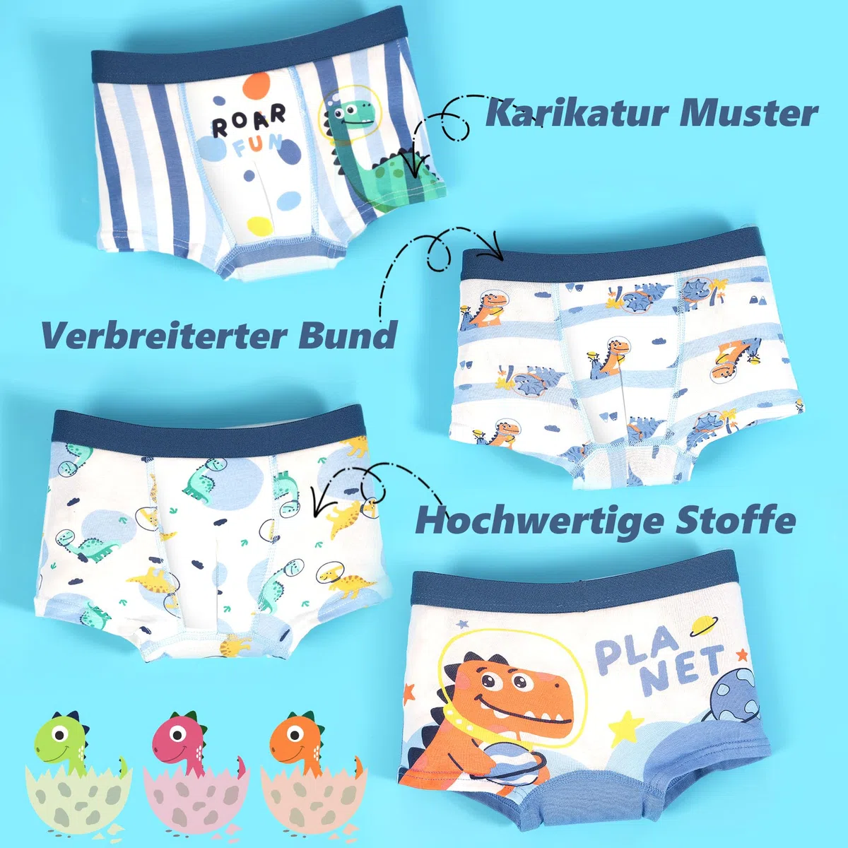 GRPSKCOS Unterhosen Jungen, 4er Pack Boxershorts Kinder Jungen Dinosaurier Cartoon Unterhosen, 2-8 Jahre