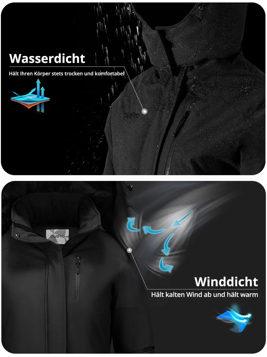 OutPro Winterjacke Damen Wasserdicht Skijacke Snowboardjacke Hooded Warm Dickes Gänsedaunenfutter Doppelte Seitentaschen Wanderjacke mit Reißverschluss für Outdoor-Aktivitäten