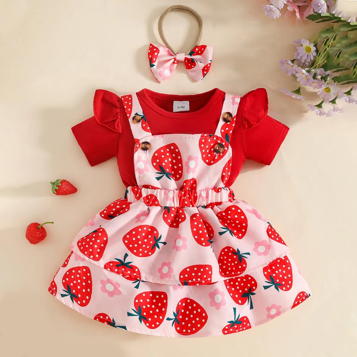 Sommer Herbst Kleidung für Baby Mädchen Niedlicher Süßes Print Kurzarm top mit Trägerrock und Stirnband 3-teiliges Outfit für Neugeborene Set 0-18 Monate