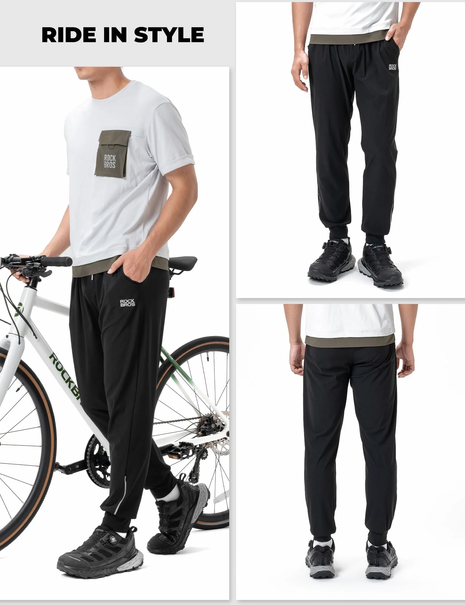 ROCKBROS Fahrradhose Lang Herren Leicht Atmungsaktiv Schnelltrocknend Mit Taschen Reflektierende Jogginghose Trainingshose Wanderhose MTB Laufen, Schwarz