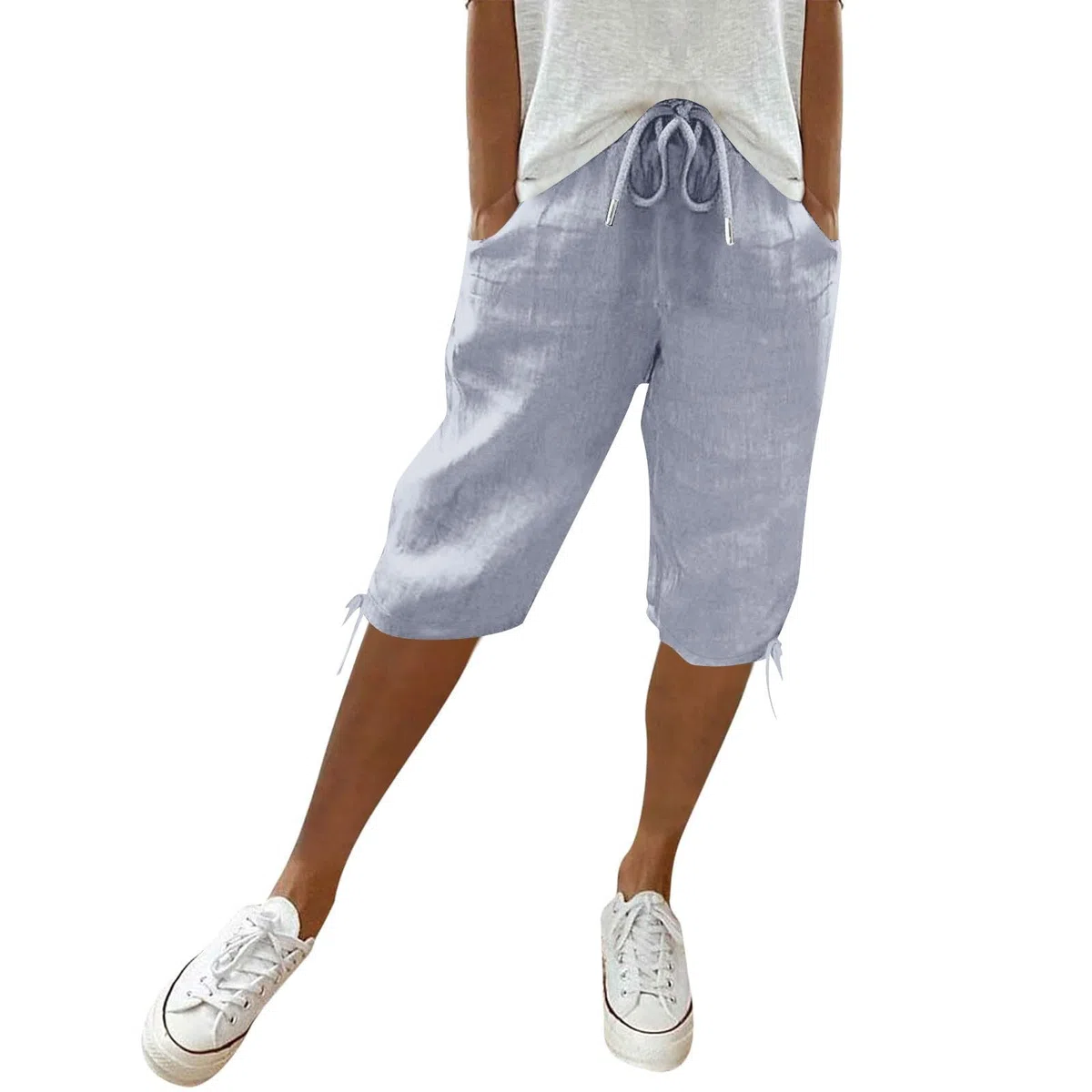 Bermuda Shorts Damen Freizeit Sport Sommerhose mit Taschen Leinenhose Stoffhose Lässig Elastische Taille Strandshorts