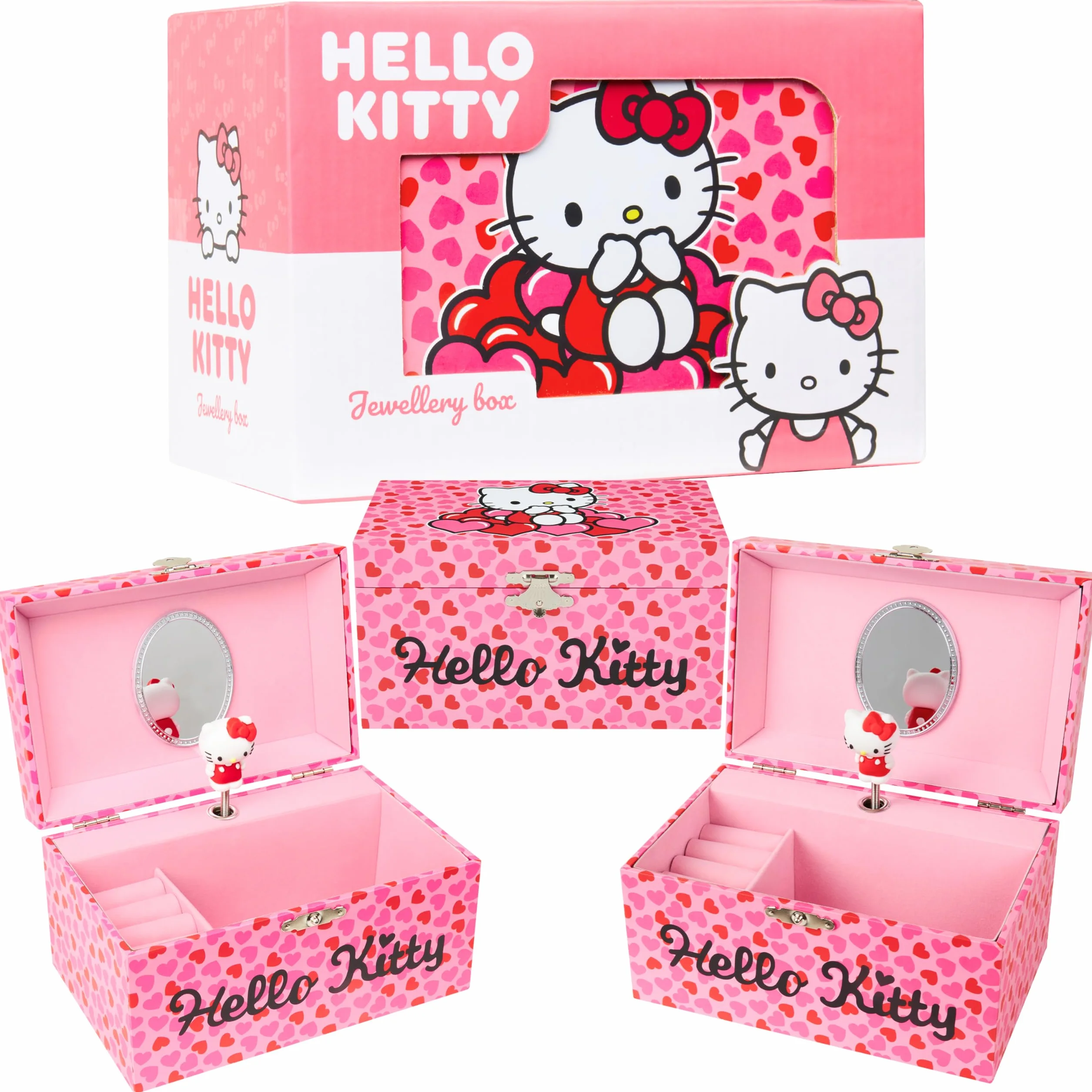 Hello Kitty Sanrio Schmuckkästchen Mädchen mit Spieluhr, Spiegel, Schmuckschatulle Kinder für Ringe, Ohrringe, Halskette, Geschenke für Mädchen (Rosa