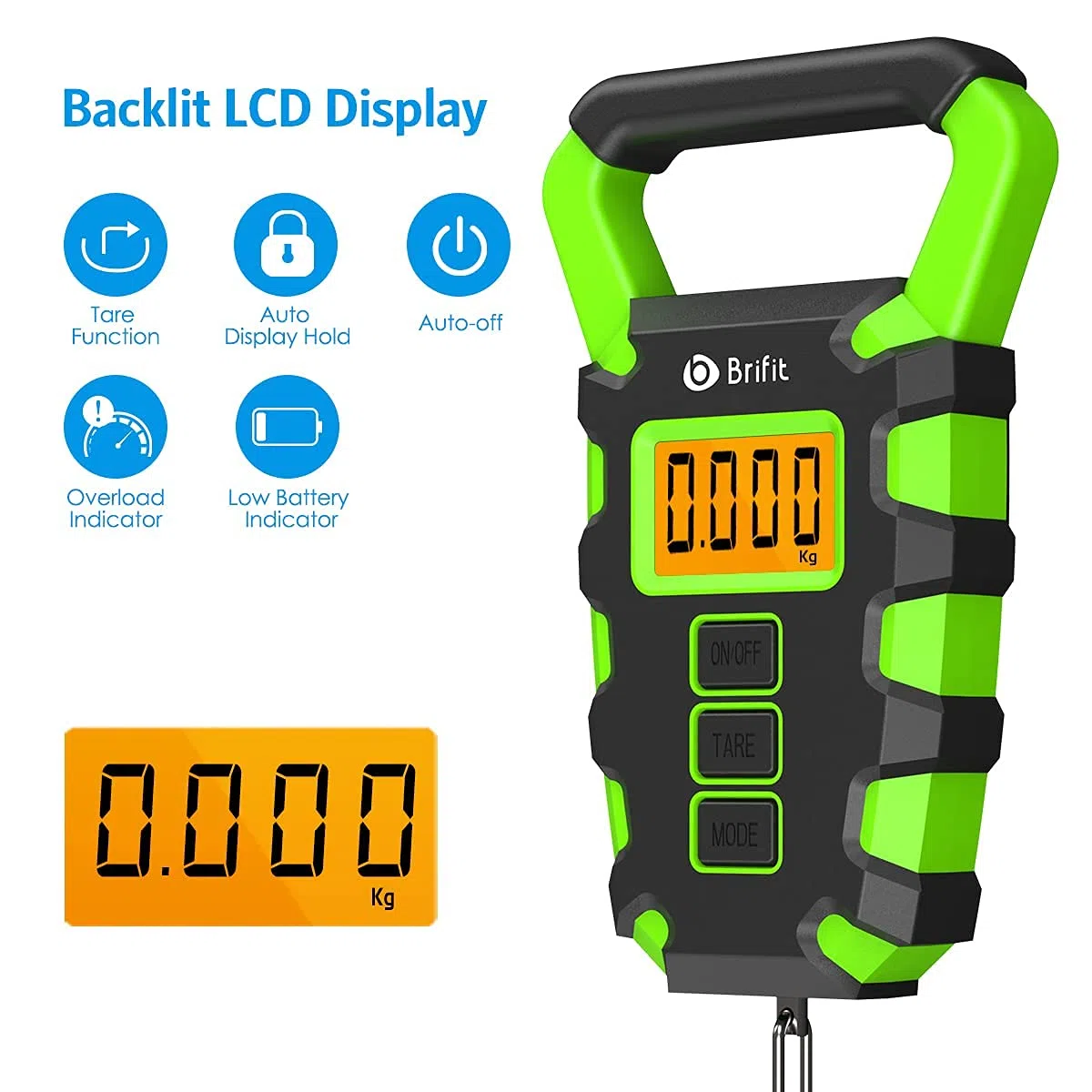 Brifit Digitale Kofferwaage, 50 kg Digitale Fischwaage mit Angelhaken, Gepäckwaage, IPX4 wasserdichte Hängewaage mit Maßband, Hintergrundbeleuchtung LCD-Anzeige, 2 AAA Batterien enthalten (Grün)