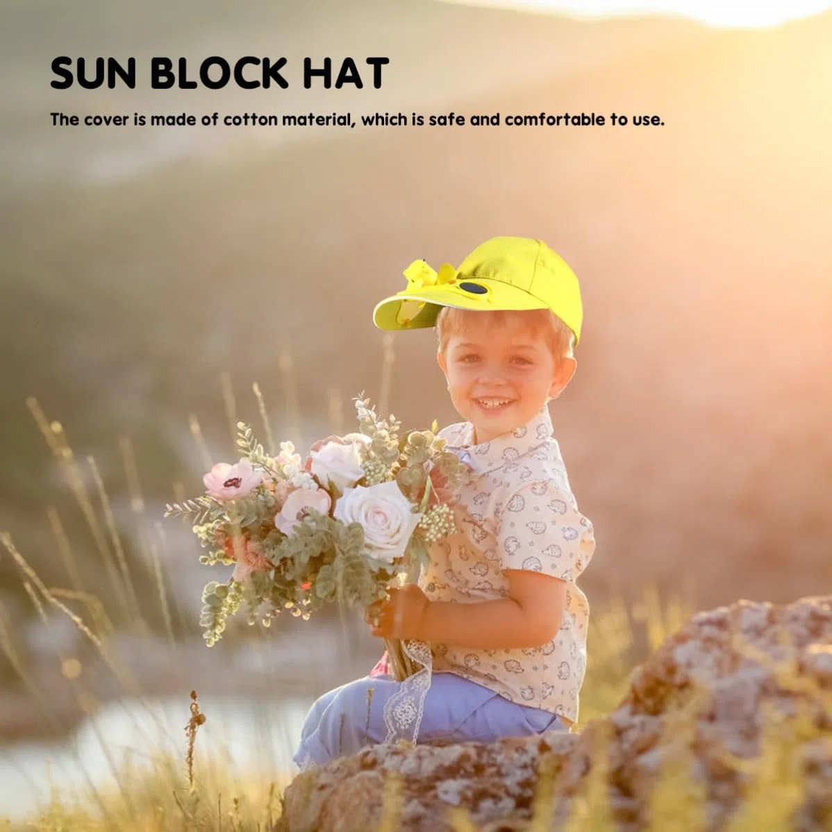 LIFKOME Sommer Kinderhut mit Solar Ventilator Kappe aus Baumwolle mit Energiespeicher Chic Verarbeitet Gelber Sonnenschutzhut für Jungen und Mädchen