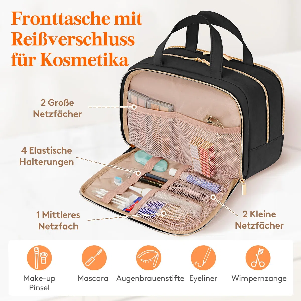 Lifewit Reise Kulturtasche Damen, 10L Groß Wasserabweisende Kulturbeutel mit Nassfach, Tragbare Schminktasche Waschtasche Organizer für Make up, Zubehör, Shampoo, Oilettenartikel, Alltag, Schwarz