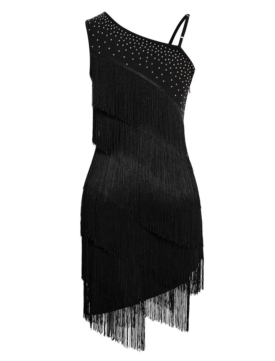 Damen Asymmetrisch Eine Schulter Strass Fransen Latin Dance Kleid 1920s Pailletten Quaste Flapper Kleider Salsa Cha-Cha Ballroom Dance Kostüm