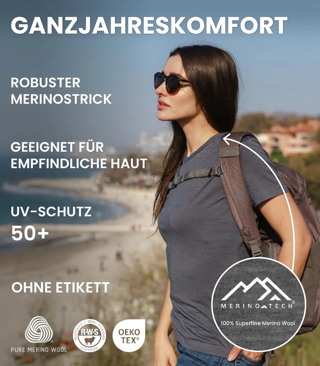 Merino.tech 100% Merino Shirt Damen Wandern - Merinowolle Tshirt Damen Kurzarm - Sport Thermo Unterhemd - Natürlich Weich Unterwäsche (Medium, Royal Fuchsia Crewneck)