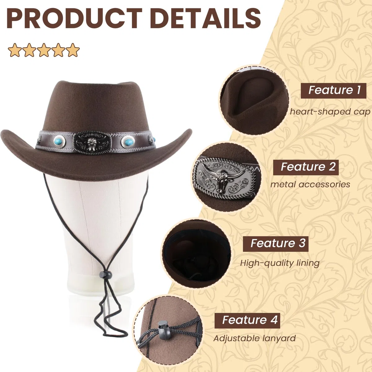 Klassischer Westernhut für Damen und Herren – Einfarbiger Cowboyhut mit Stierkopf-Dekor, Vintage Jazzhut für Erwachsene im Cowgirl- und Western-Stil (Braun B)