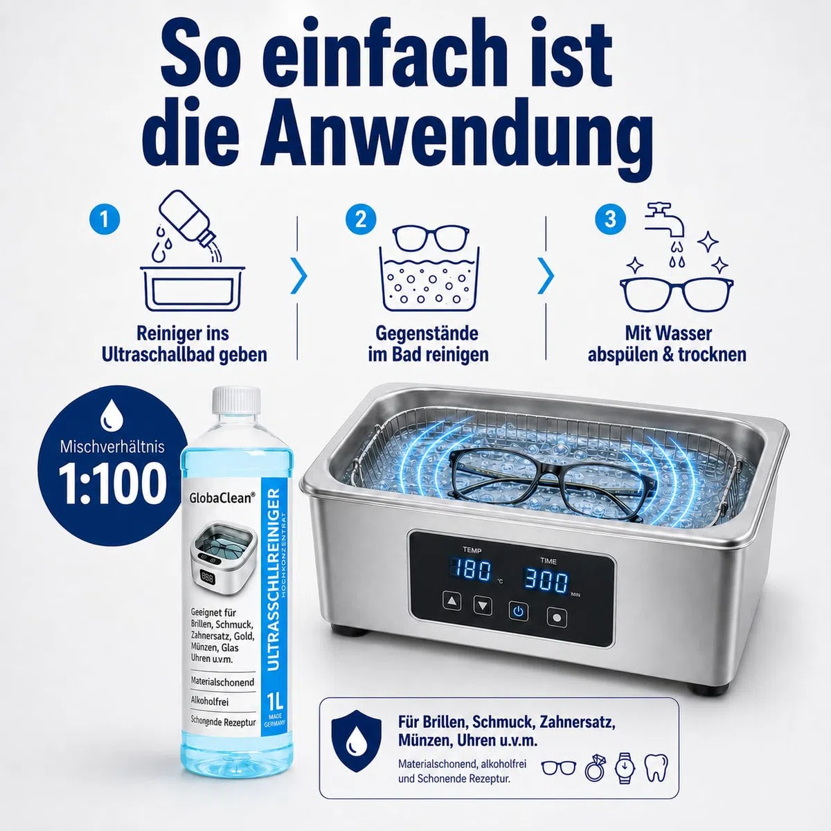 Ultraschallreiniger Konzentrat 1 L - Ultraschall Reinigungsmittel für Brillen, Schmuck, Zahnersatz, Werkstatt - Ultrasonic Cleaner